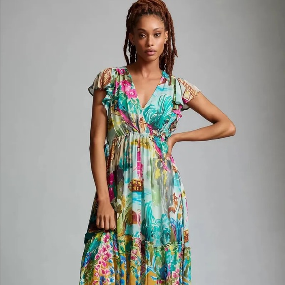 Anthropologie V-Neck Flutter-Sleeve Colorful Tropical Print Dress M - Picture 1 of 5